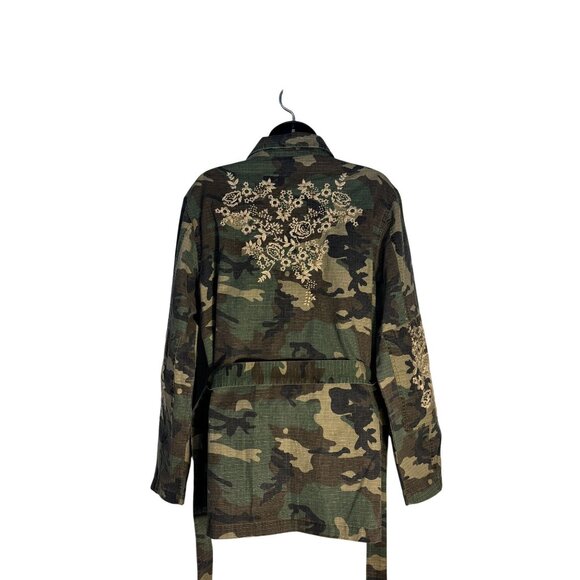 Paparazzi Camo Floral Embroidered Button-Up Jacket Tie Waist Large - Picture 7 of 14